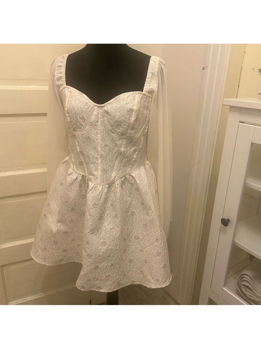 CIDER Chic White Jacquard Floral Coquette Cosplay Dress with Sheer Sleeves